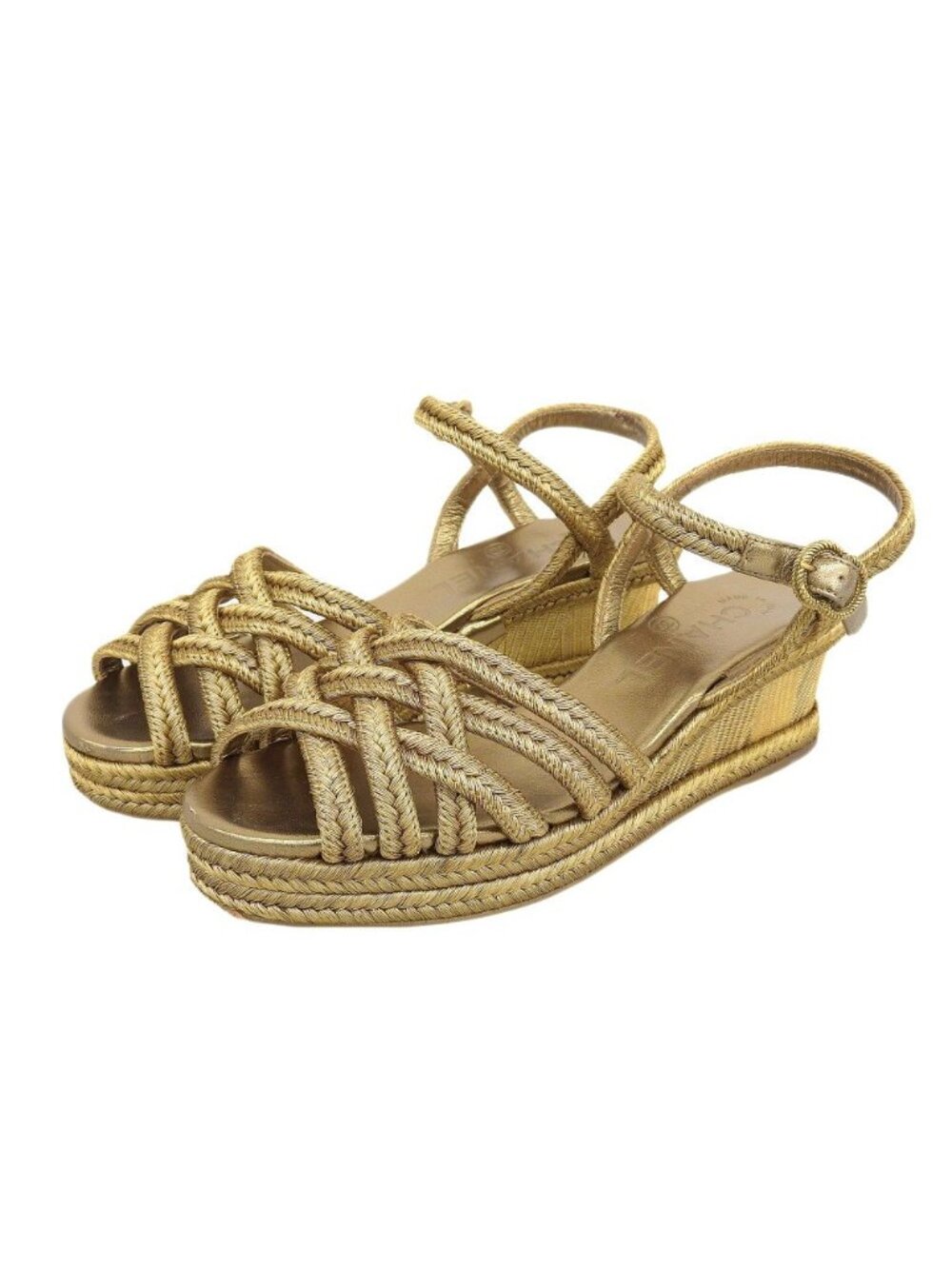Chanel Metal CC Logo Braided Wedge Sole Sandals Espadrilles Gold 36c